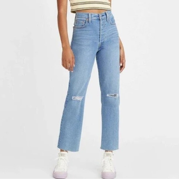 Levi's Ribcage Straight Ankle Distressed Blue Jeans Raw Hem Size 26 - Picture 2 of 11